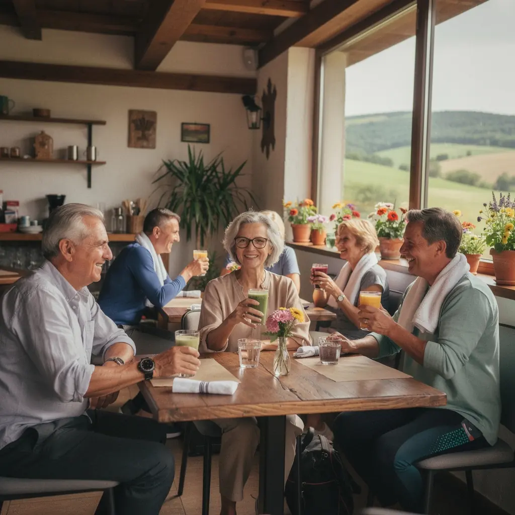 Старши хора, които изпълняват кардио упражнения на открито с усмивки.